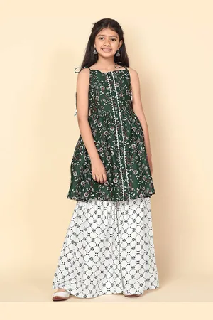 Sangria Girls Floral Printed Empire Shoulder Straps Cotton Anarkali Kurta With Sharara