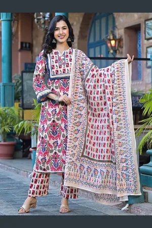 AUTUMN LANE Floral Printed Notch Neck Pure Cotton Straight Kurta With Trousers And Dupatta