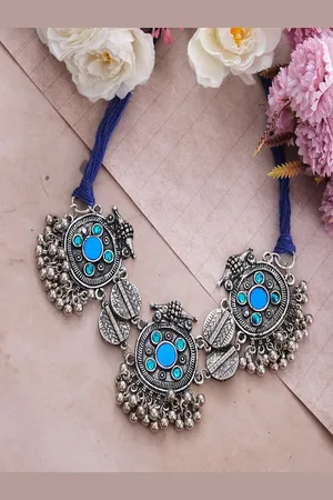 Sangria Silver-Plated Artificial Stones Studded Oxidized Boho Choker Statement Necklace