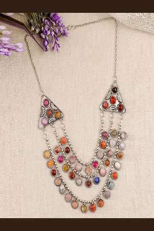 Sangria Silver-Plated Oxidized Artificial Stones Studded Layered Minimal Necklace