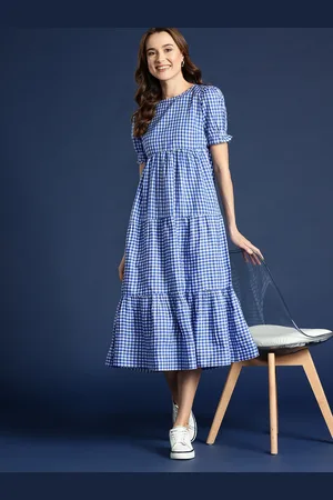 Mast & Harbour Checked Puff Sleeves Tiered A-Line Midi Dress