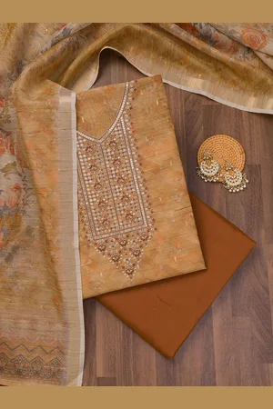 Koskii Ethnic Motifs Embroidered Sequinned Raw Silk Unstitched Dress Material