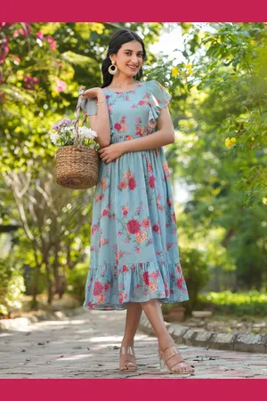 Janasya Women Light Blue Georgette Floral Printed Tiered Dress