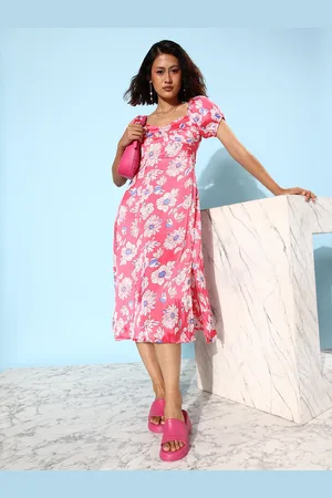 Mast & Harbour Floral Printed Puff Sleeves A-Line Midi Dress