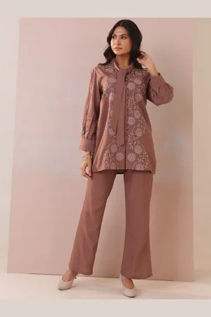 AUTUMN LANE Floral Embroidered V-Neck Pure Cotton Tunic With Trousers
