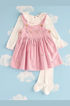 Max Collection Girls Cotton Embroidered Pinafore Dress With Top & Stockings
