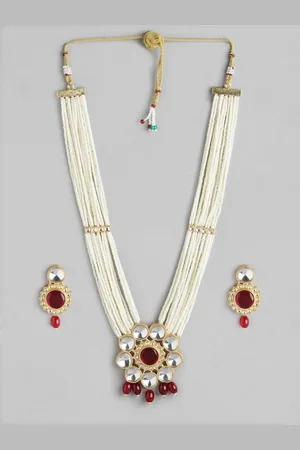 Anouk Pearl Gold Plated Artificial Stone Studded Beaded Layered Necklace & Earring Set
