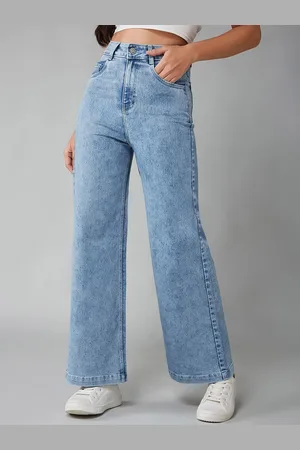 DOLCE CRUDO Women Wide Leg High-Rise Heavy Fade Stretchable Jeans