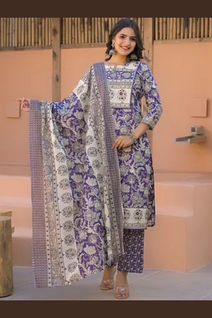 AUTUMN LANE Ethnic Motifs Printed Notch Neck Pure Cotton Kurta With Trouser & Dupatta