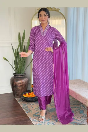 Lilots Women Leheriya Yoke Design Regular Thread Work Pure Silk Kurta with Trousers & With Dupatta
