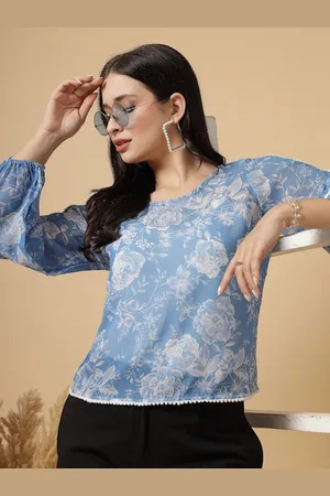 RAASSIO Women Floral Printed Round Neck Slit Sleeve Top