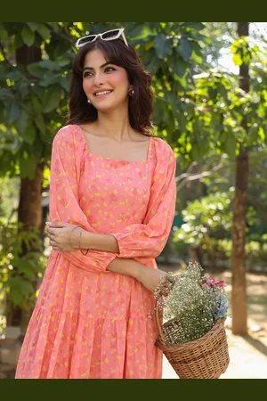 Janasya Women Peach Georgette Floral Printed Tiered Dress