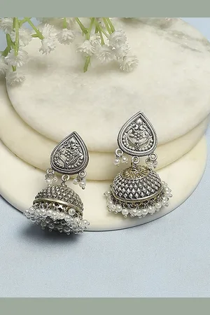 Biba Silver-Plated Artificial Stones Studded and Beaded Dome Shaped Oxidised Jhumkas
