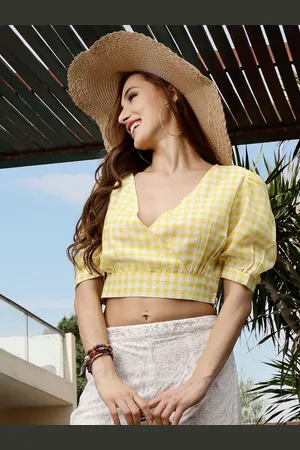 Sera Women Checked Puff Sleeve Pure Cotton Blouson Crop Top