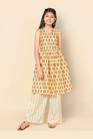 Sangria Girls Printed Angrakha Kurta & Palazzos Set