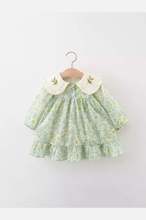 LULU & SKY Girls Floral Printed Peter Pan Collar Cotton Fit & Flare Dress