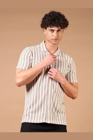 V-Mart Men Cuban Collar Vertical Striped Cotton Casual Shirt
