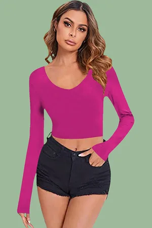 Dream Beauty Fashion Women V Neck Long Sleeves Fitted Crop Top