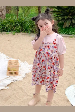 LULU & SKY Girls Floral Printed Shoulder Straps Pinafore Dress