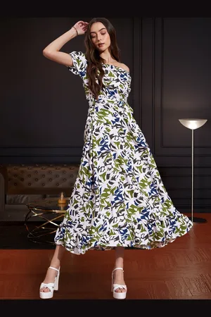 DressBerry Floral Print Off-Shoulder Puff Sleeve A-Line Midi Dress
