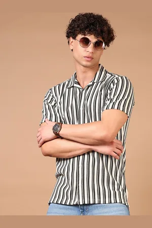 V-Mart Men Cuban Collar Vertical Striped Cotton Casual Shirt