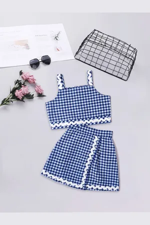 pspeaches Girls Checked Shoulder Straps Pure Cotton Top With Skirt