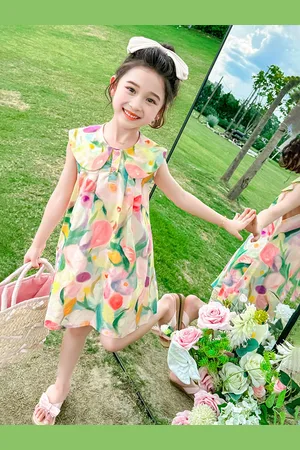 LULU & SKY Girls Floral Printed Peter Pan Collar A-Line Dress