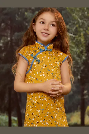 LULU & SKY Girls Cotton Floral Print Mandarin Collar A-Line Dress