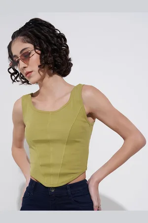 Pantaloons Solid Vertical Stripes Round Neck Sleeves Crop Tank Top