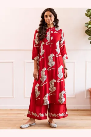 AUTUMN LANE Ethnic Motifs Printed Band Collar Pure Cotton Straight Kurta With Palazzo