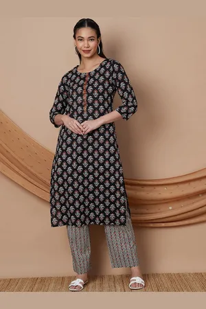 Lifestyle Floral Printed Block Print Pure Cotton Straight Kurta With Trousers
