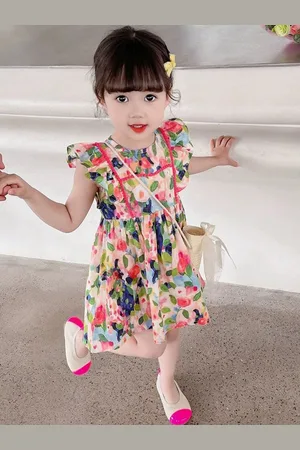 LULU & SKY Girls Floral Print Fit & Flare Round Neck Dress