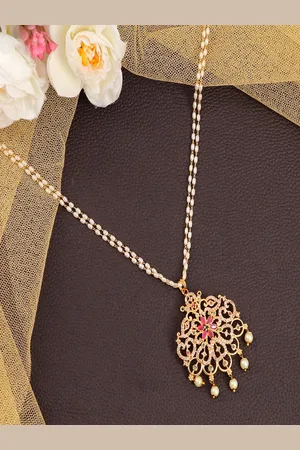 Sangria Gold-Plated Cubic Zirconia Studded And Pearls Beaded Pendant Necklace