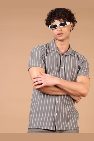 V-Mart Men Cuban Collar Vertical Striped Cotton Casual Shirt