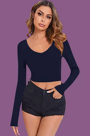 Dream Beauty Fashion Women Round Neck Long Sleeves Crop Top