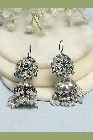 Biba Silver-Plated Artificial Stones Studded & Beaded Dome Shaped Jhumkas