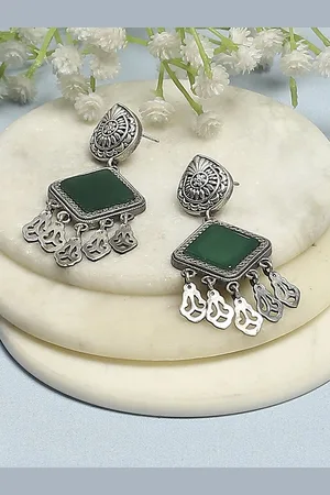 Biba Silver-Plated Artificial Stones Studded & Beaded Square Shaped Drop Earrings