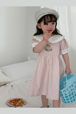 LULU & SKY Girls Polka Dots Peter Pan Collar Cotton Fit & Flare Midi Dress