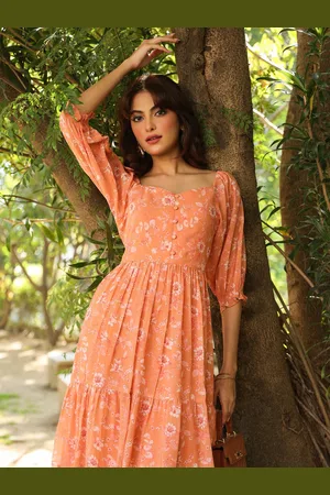 Janasya Women Orange Georgette Floral Printed Tiered Dress