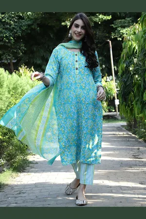 Moda Rapido Floral Printed Round Neck Straight Pure Cotton Kurta With Trousers And Dupatta