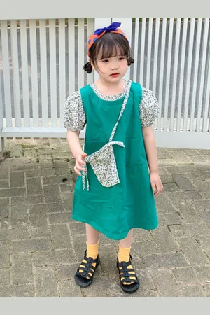 LULU & SKY Girls Puff Sleeves A-Line Dress With Bag