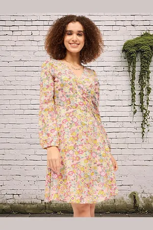 DressBerry Women Floral Printed Puff Sleeves Cotton Wrap Dress