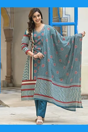 AUTUMN LANE Geometric Printed V-Neck Pure Cotton Straight Kurta With Trousers And Dupatta