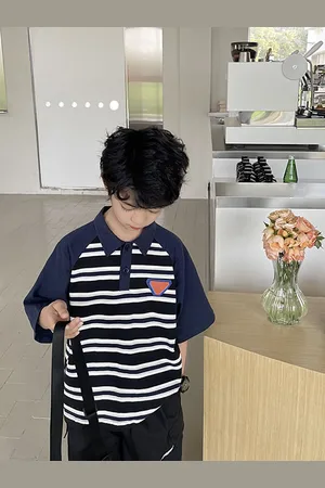 LULU & SKY Boys Striped Polo Collar Oversized T-shirt