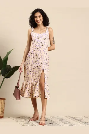 Mast & Harbour Front Slit Shoulder Straps Printed Midi Dress