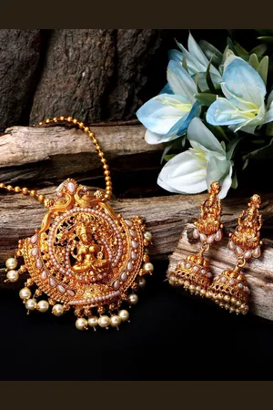 Anouk Gold-Plated Artificial Stone Studded & Beaded Temple Jewellery Set