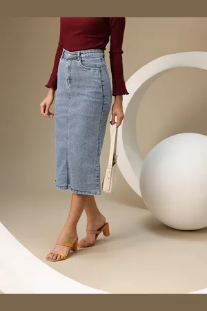 Chemistry Women Denim Pure Cotton Midi Skirt with Back Slit