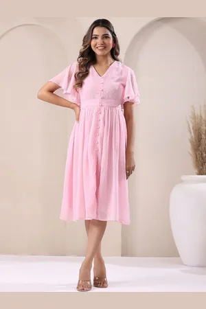 Janasya Women Light Pink Dobby Chiffon Self Design Fit and Flare Dress