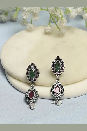 Biba Silver-Plated Artificial Stones Studded And Beaded Contemporary Shaped Jhumkas
