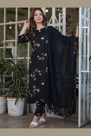 Lilots Floral Printed Art Silk Straight Kurta With Trousers & Dupatta
